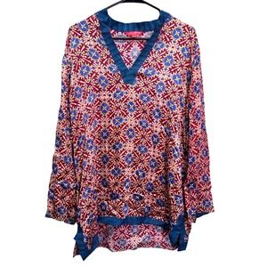 Lisa Corti Milano Eli Tunic Top XL V Neck Geometric Print Long Sleeve Viscose